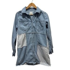 Cleo + Wolf Patchwork Denim Shirt Dress Blue Long Sleeve Raw Edge Mini Medium